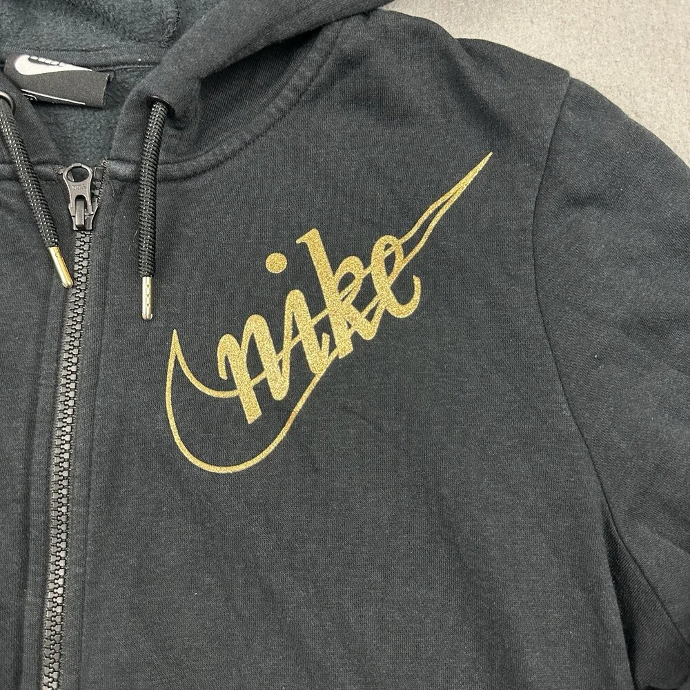 Nike Hoodie Women Medium Black Solid Gold Swoosh Spell Out Sweatshirt M